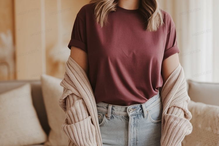 Maroon TShirt Light Jeans Cardigan Outfit