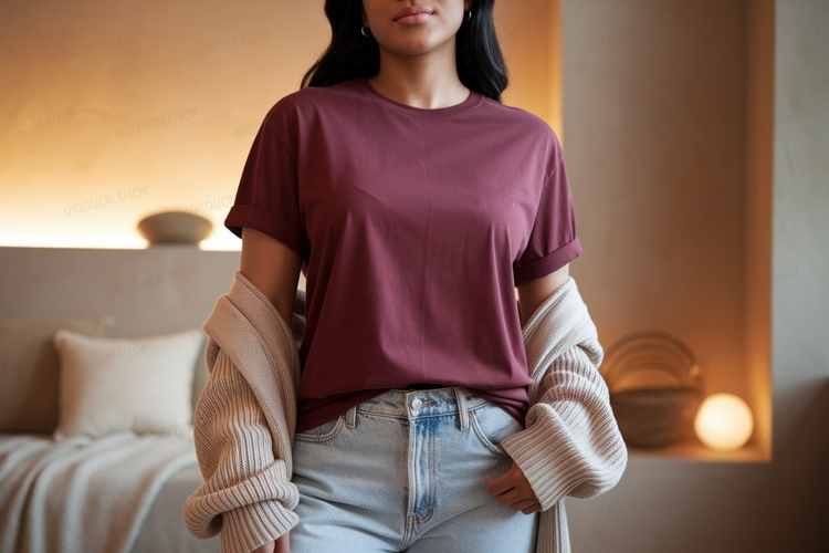 Maroon t shirt light wash jeans image