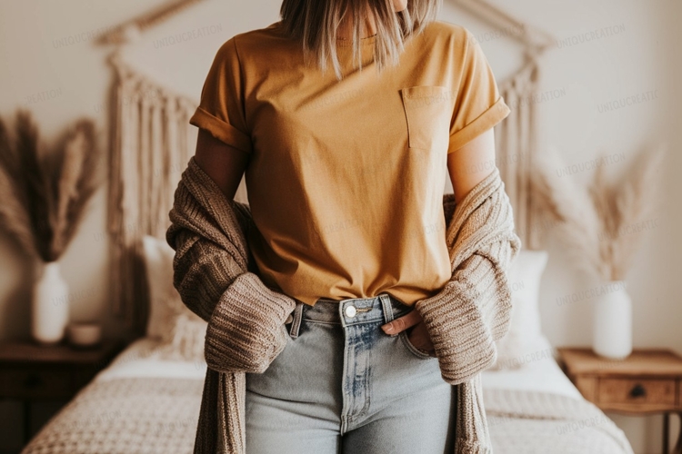 Mustard tee light denim jeans knit cardigan mockup