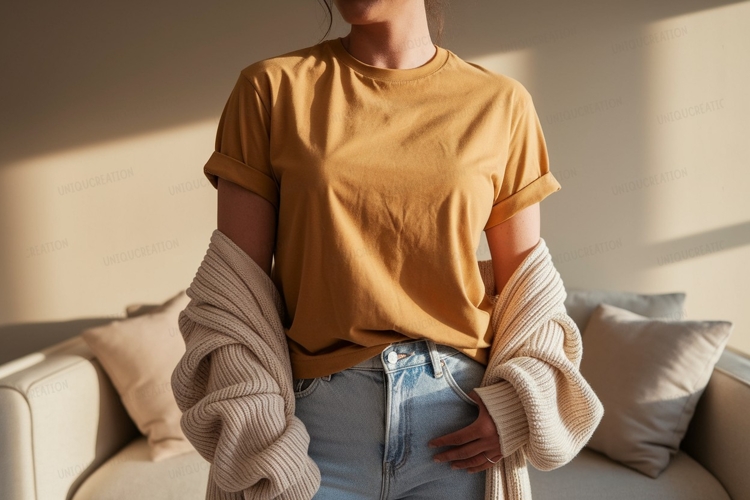 Woman wearing mustard t shirt and denim jeans image
