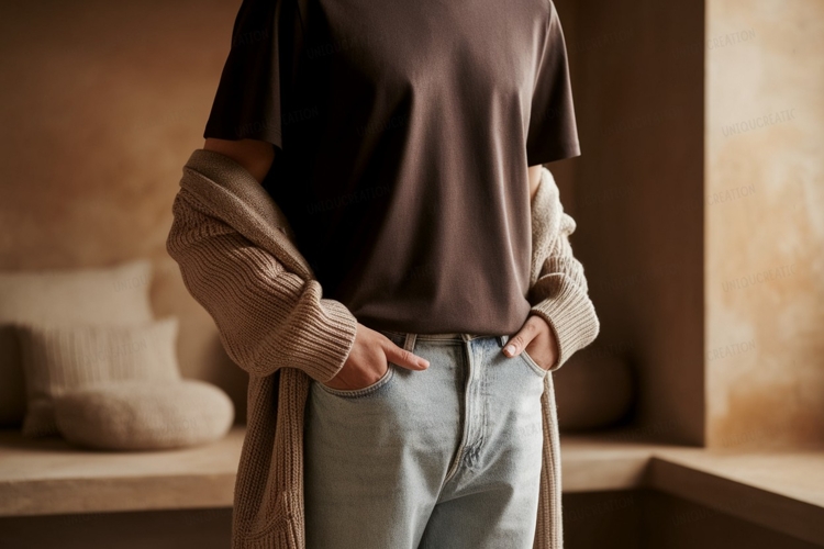 Brown shirt light jeans cardigan mockup image