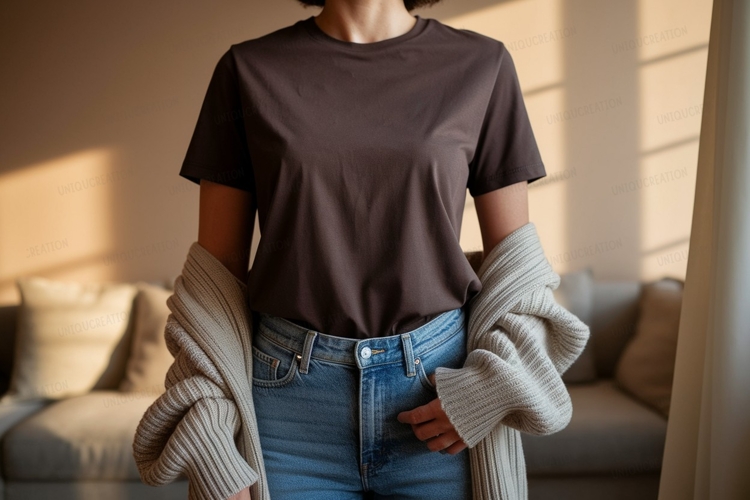 Brown t shirt with cardigan and jeans image