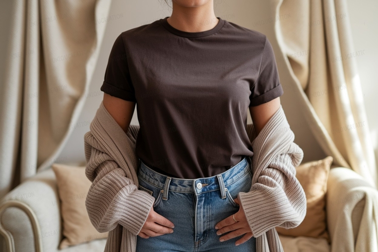 Woman wearing brown t shirt denim jeans cardigan image