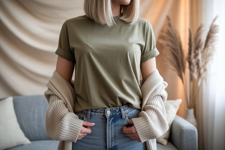 Olive green t shirt mockup with cardigan image