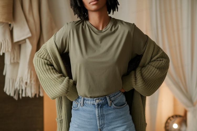 Olive green t shirt and denim jeans mockup image