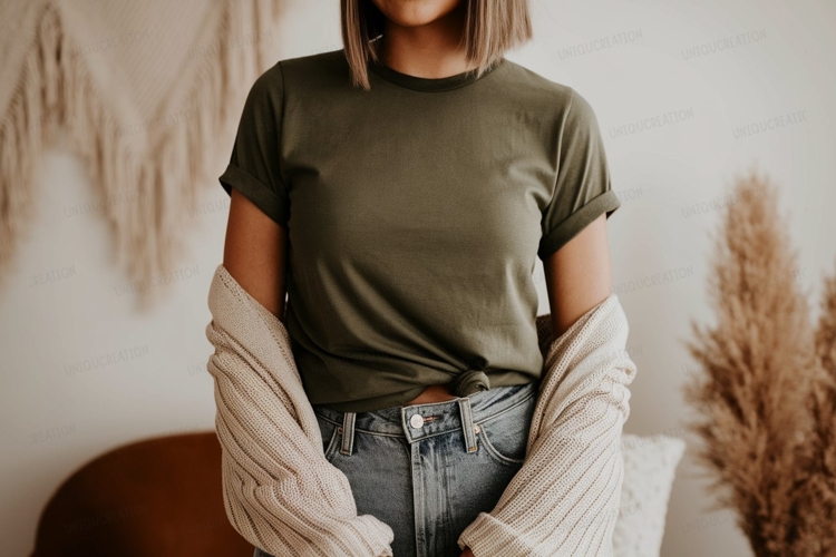 Olive tee and cardigan mockup knit denim