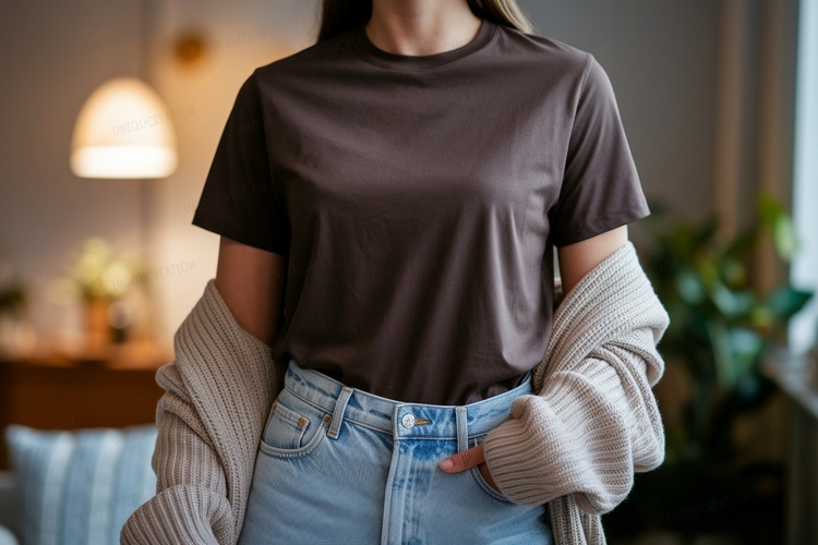 Brown t shirt light blue jeans cardigan mockup image