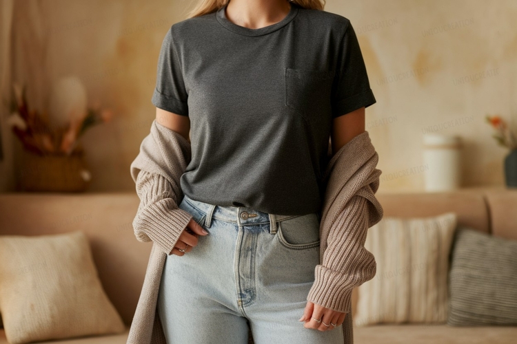 Dark grey t shirt and light blue jeans mockup image