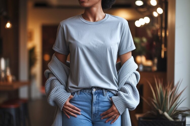 Woman wearing grey t shirt and blue jeans image (6071853)