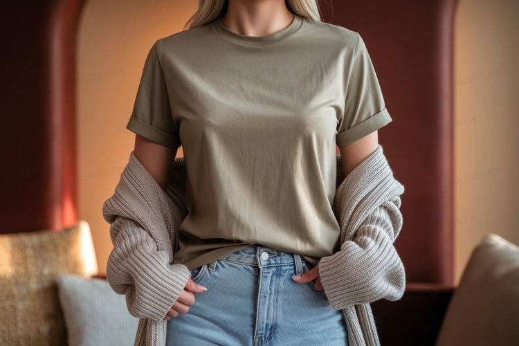 Woman wearing olive green t shirt and light blue jeans