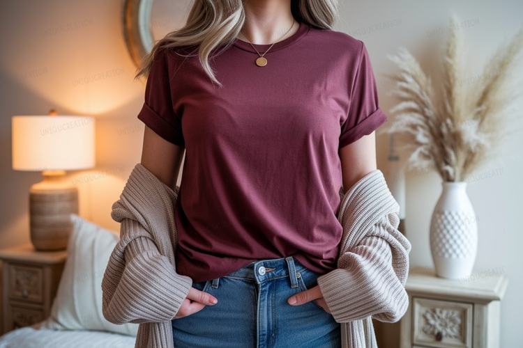Maroon t shirt mockup with cardigan image