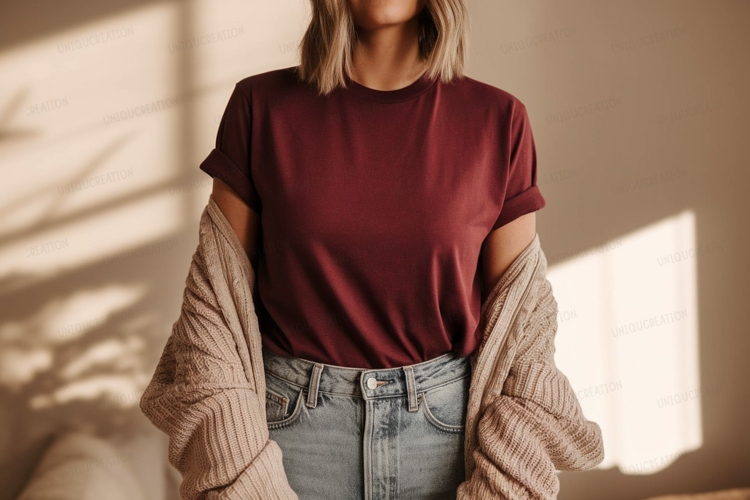 Maroon shirt light cardigan denim jeans image