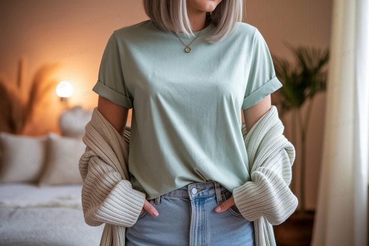 Woman wearing mint green t shirt and beige cardigan