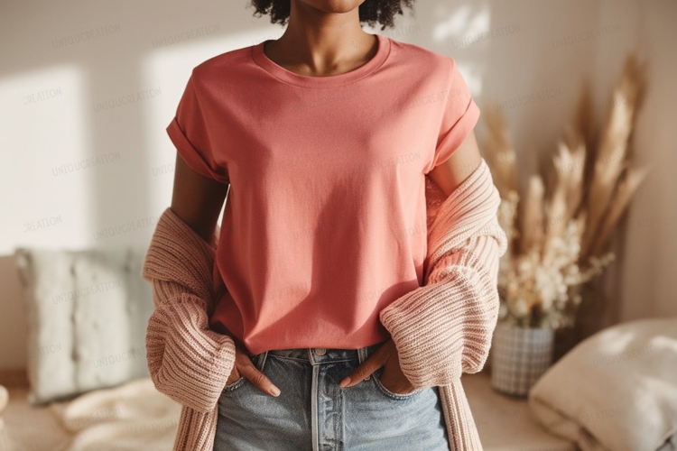 Coral tee and pink cardigan mockup denim