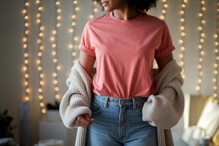Woman wearing coral t shirt and blue jeans image
