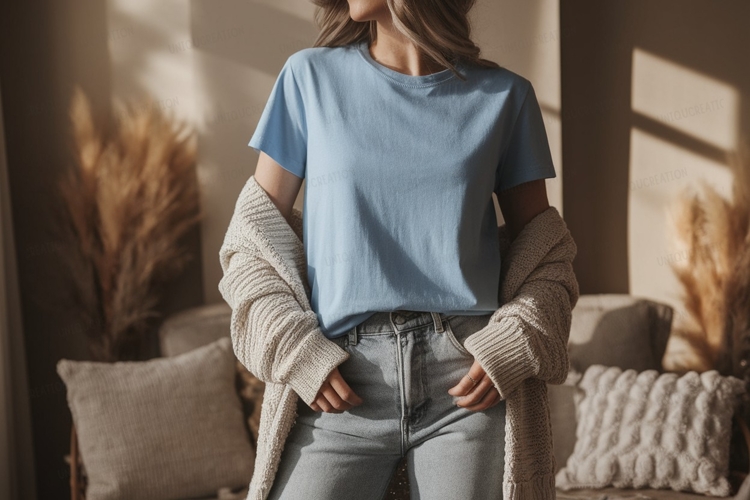 Light blue t shirt and cream cardigan mockup image