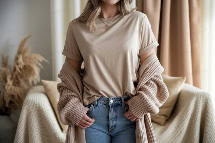 Casual beige t shirt and denim jeans mockup image