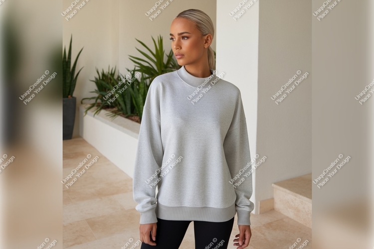 Woman In Gray Sweatshirt Tshirt Mockup