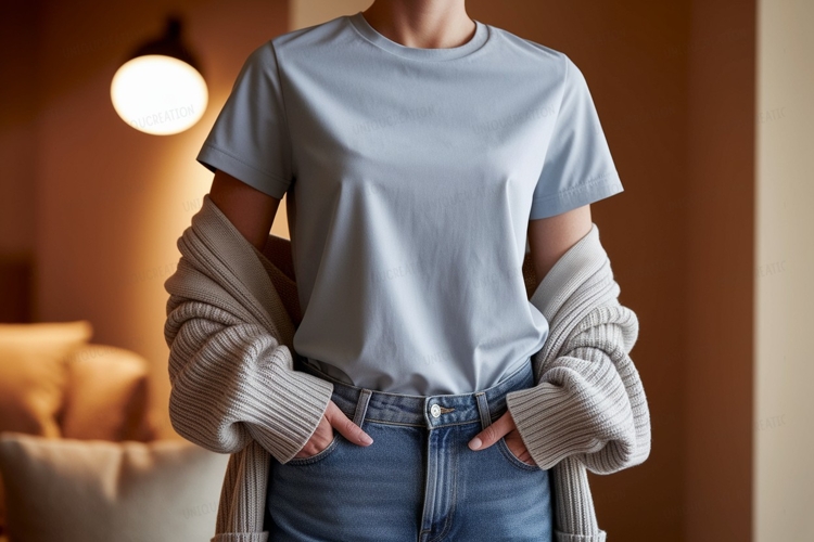 Light blue t shirt denim jeans cardigan mockup apparel