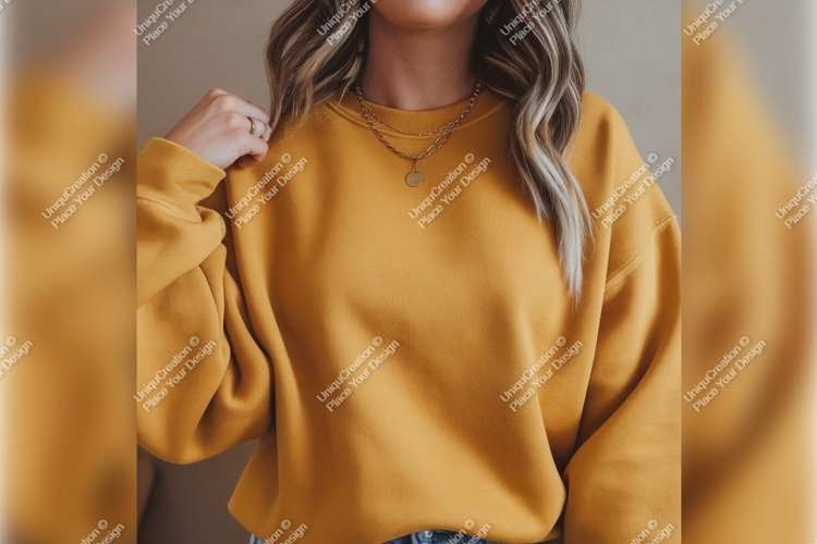 Woman Wearing Mustard Yellow Tshirt Mockup Template