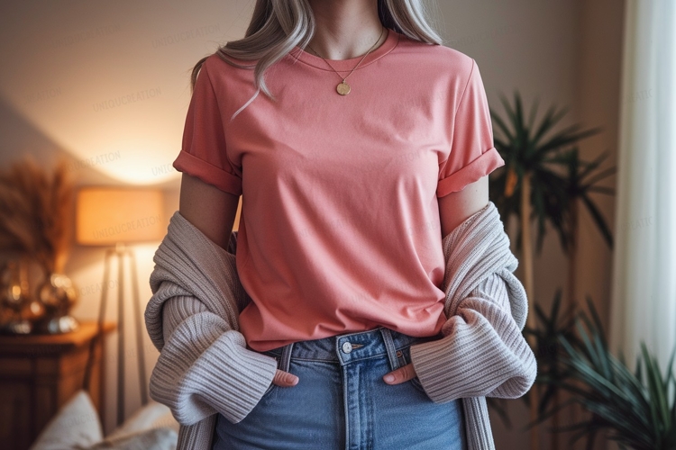 Coral tee blue jeans cozy cardigan image