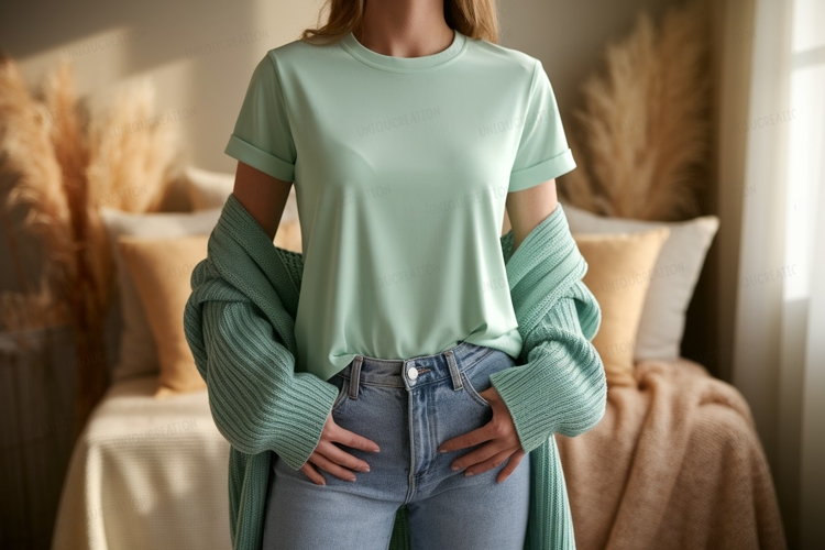 Mint green t shirt and cardigan mockup image