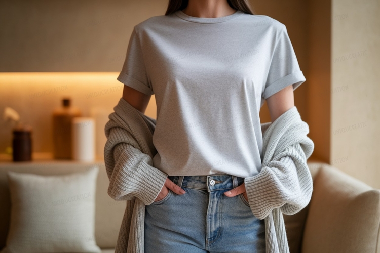Woman wearing light grey t shirt and blue jeans (6072764)