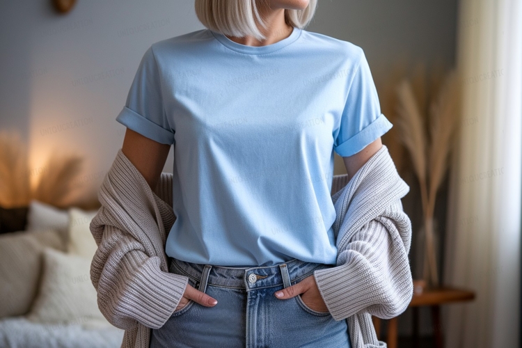 Woman wearing blue t shirt and cardigan image