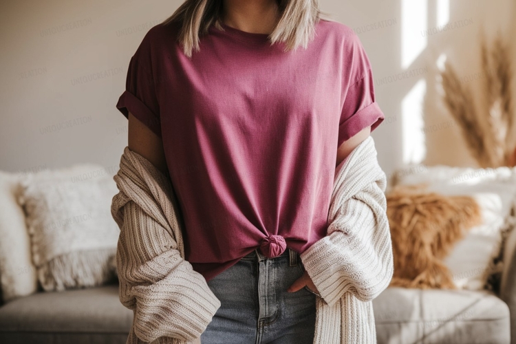 Magenta t shirt mockup with cardigan clothing