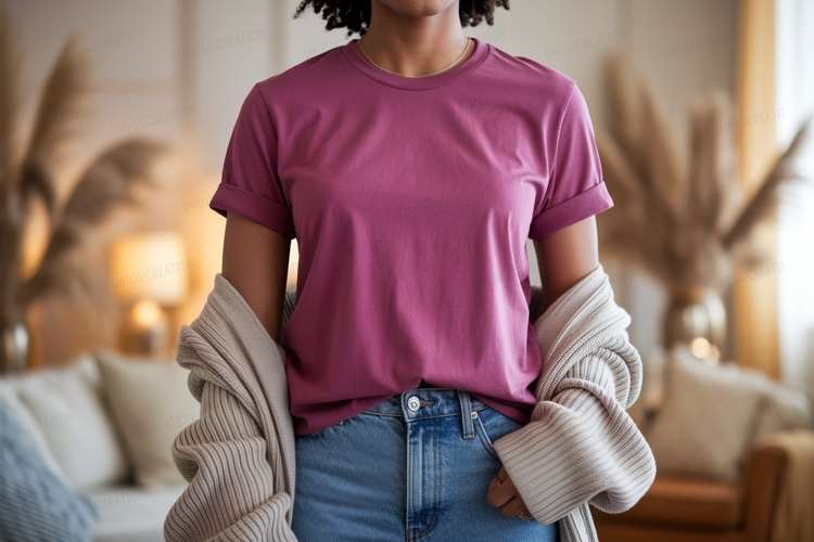 Woman wearing pink t shirt and denim jeans image