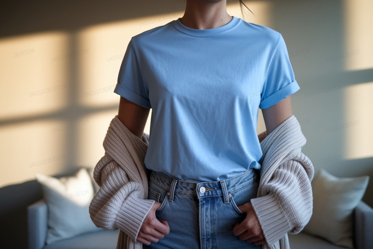 Light blue tee and denim mockup shirt