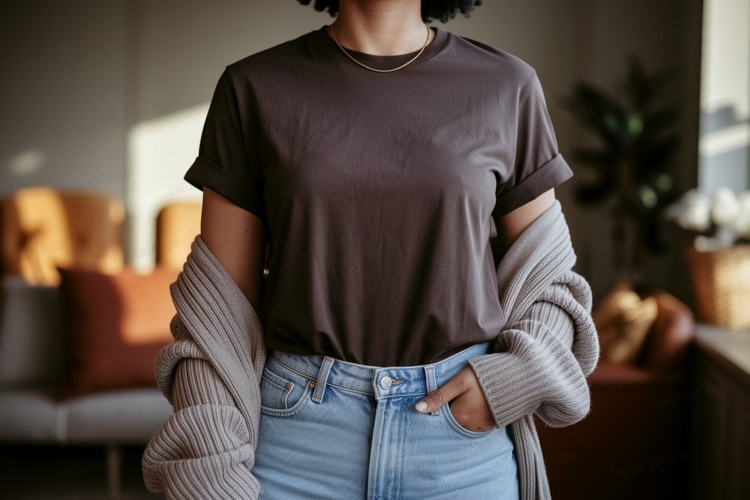 Brown shirt light jeans cardigan mockup image