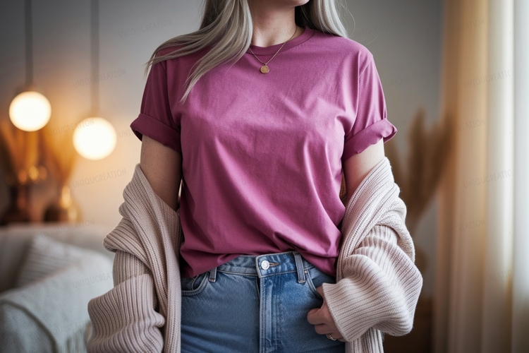 Woman wearing pink t shirt and blue jeans image