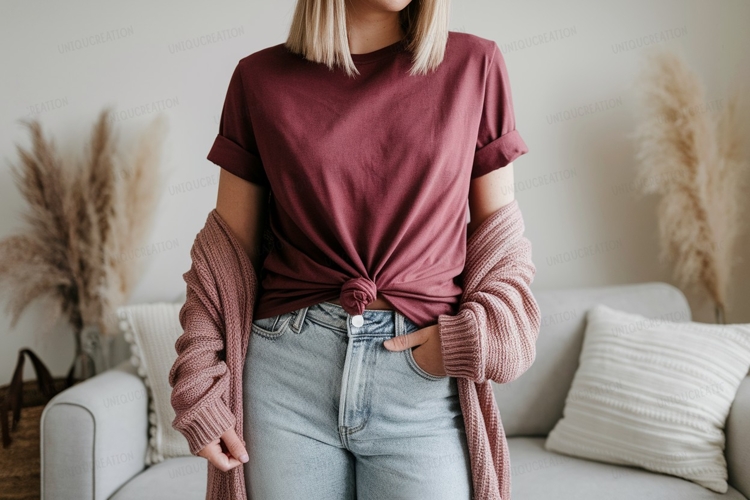 Maroon shirt light jeans pink cardigan image