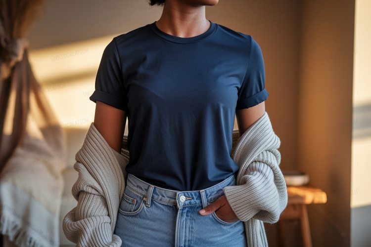 Dark blue t shirt light blue jeans image