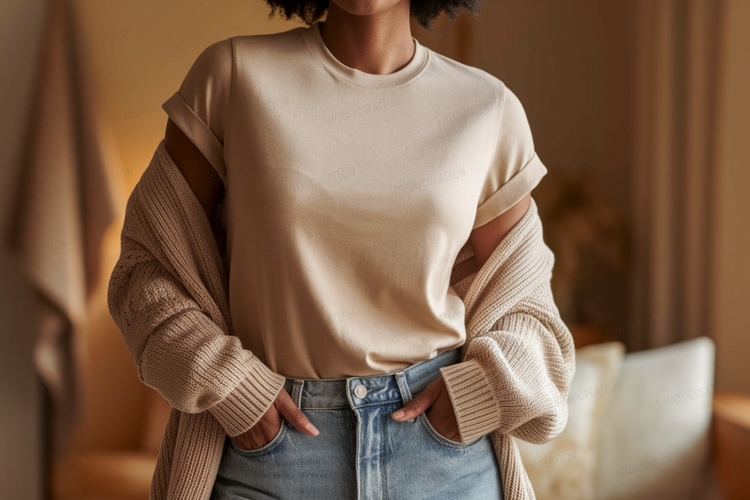 Woman wearing beige t shirt and cardigan image