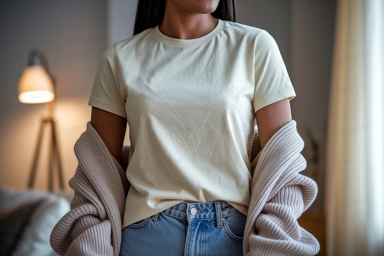 Woman wearing light yellow t shirt and denim jeans