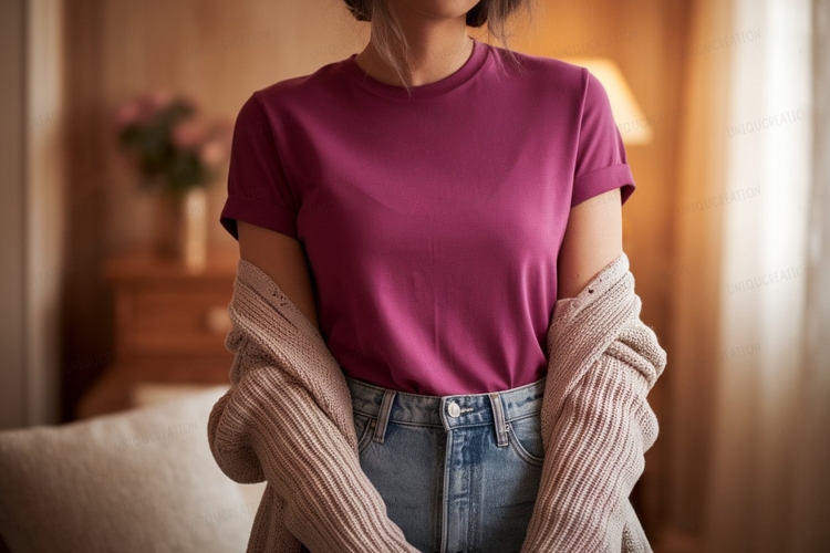 Magenta shirt denim jeans cardigan mockup image