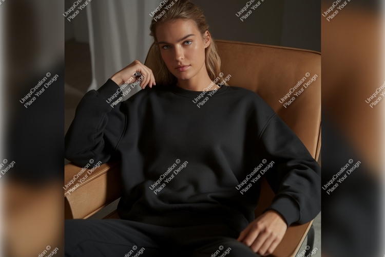 Woman In Black Sweatshirt Tshirt Mockup Posing