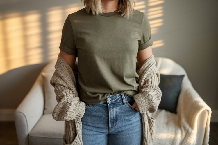 Olive tee and cardigan mockup apparel