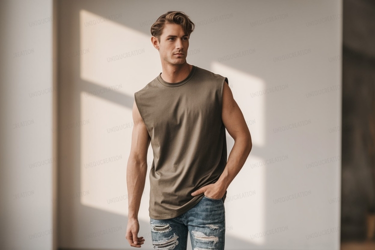 Muscular man wearing olive sleeveless shirt ripped jeans
