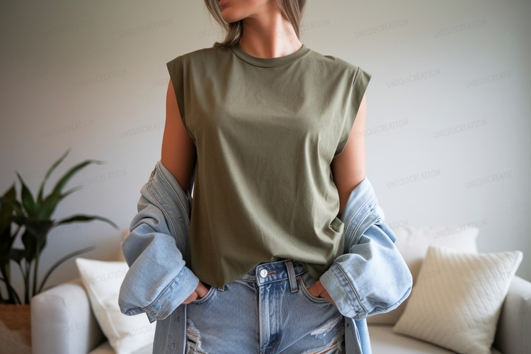 Olive green sleeveless shirt denim jacket