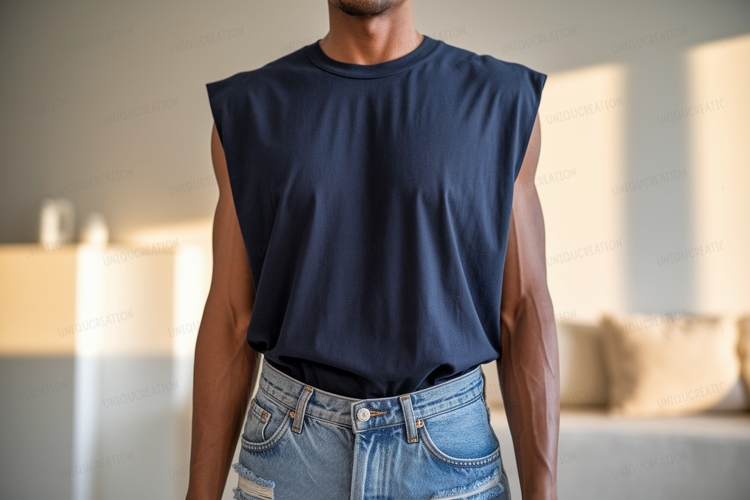 Dark blue sleeveless shirt light blue jeans denim clothing