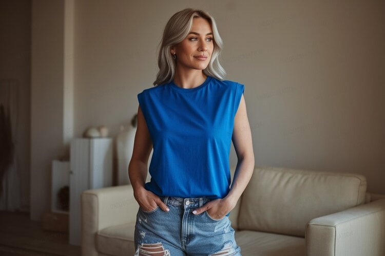 Woman blue shirt ripped jeans image (6076244)