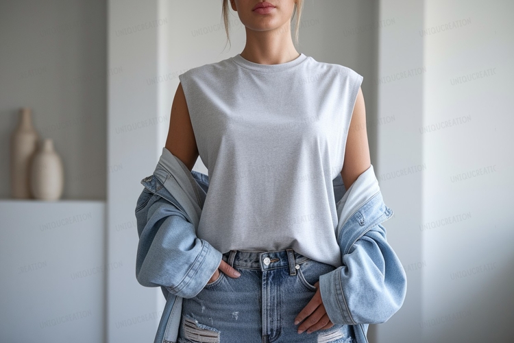 Woman wearing grey tank top denim jacket image