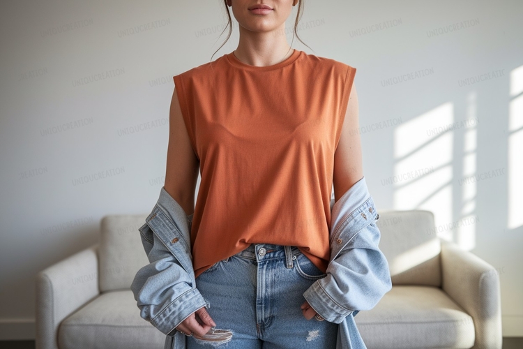 Woman wearing orange sleeveless shirt denim jacket jeans