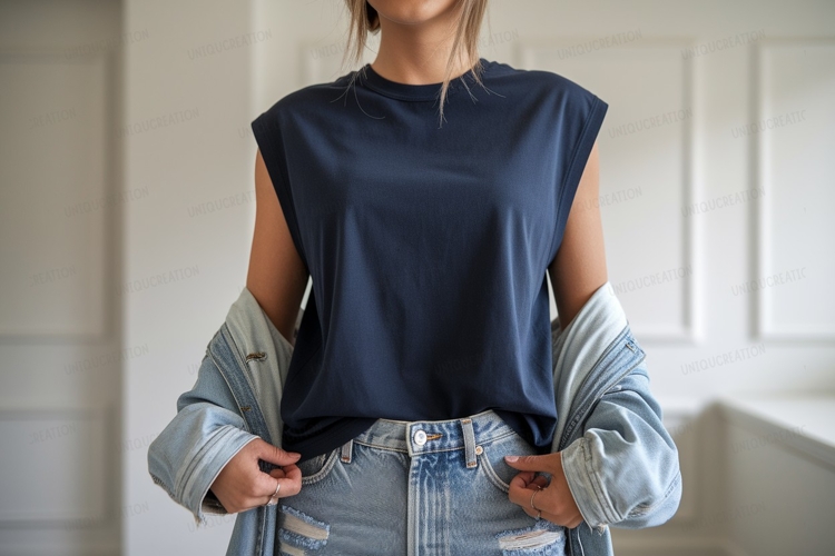 Navy sleeveless shirt denim jacket light jeans blue