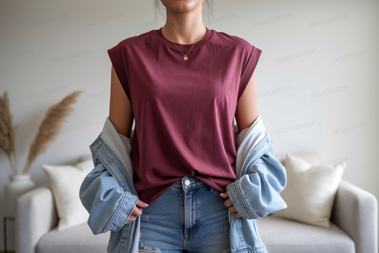 Maroon shirt denim jacket jeans image