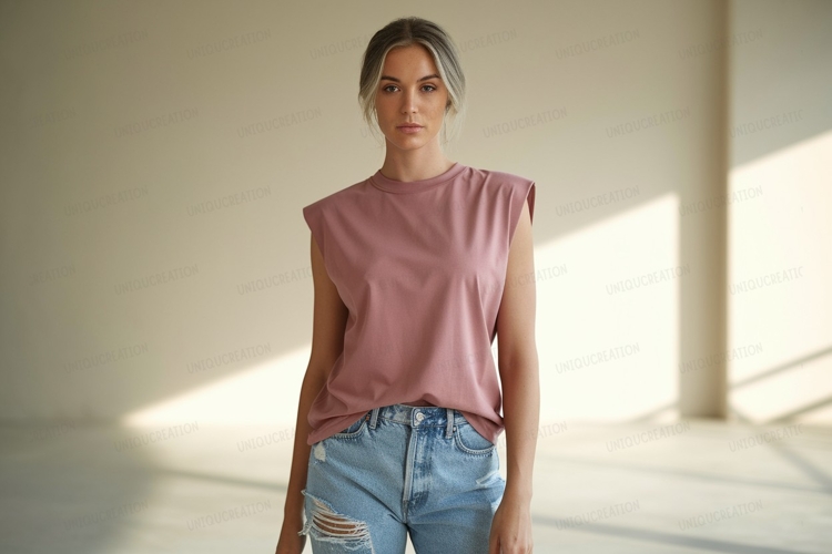 Woman wearing pink shoulder pad t shirt denim jeans