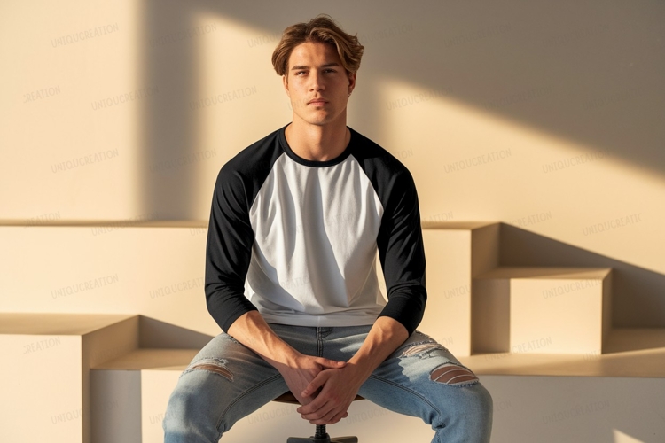 Young man wearing baseball shirt black white